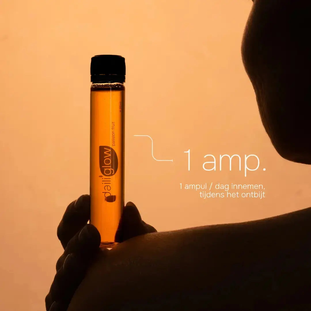 Daili Glow collageensupplement : 1 ampul per dag innemen bij het ontbijt.