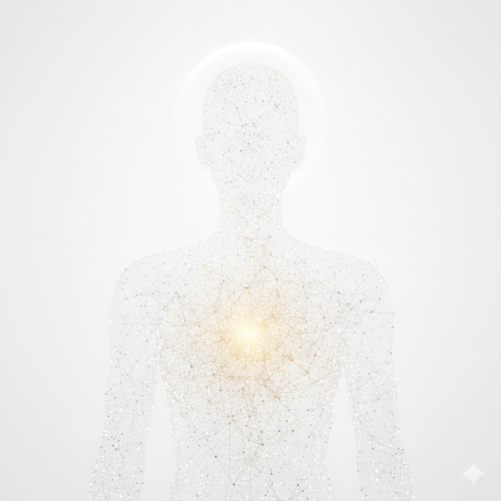 Abstracte menselijke silhouet met lichtpunt bij de borst, symbool voor innerlijke kracht, weerstand en vitaliteit.